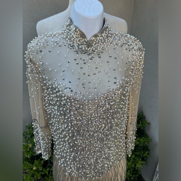 Vintage elegant cocktail dress beige sheer beads pearls sequins Peak Evenings XS - Picture 6 of 13